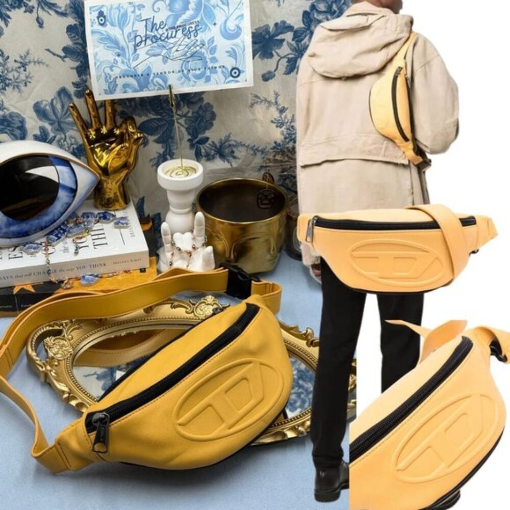 🆕 DIESEL 🧿 NWOT Embossed-Logo Belt Bag, Pale Yellow PU Vegan Leather